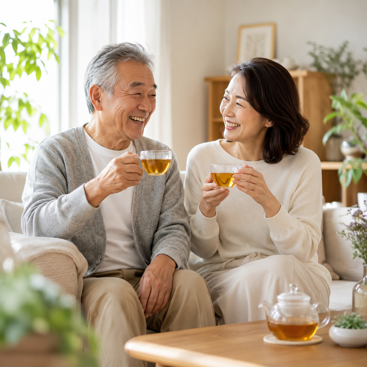 リビングでお茶を楽しむシニア夫婦