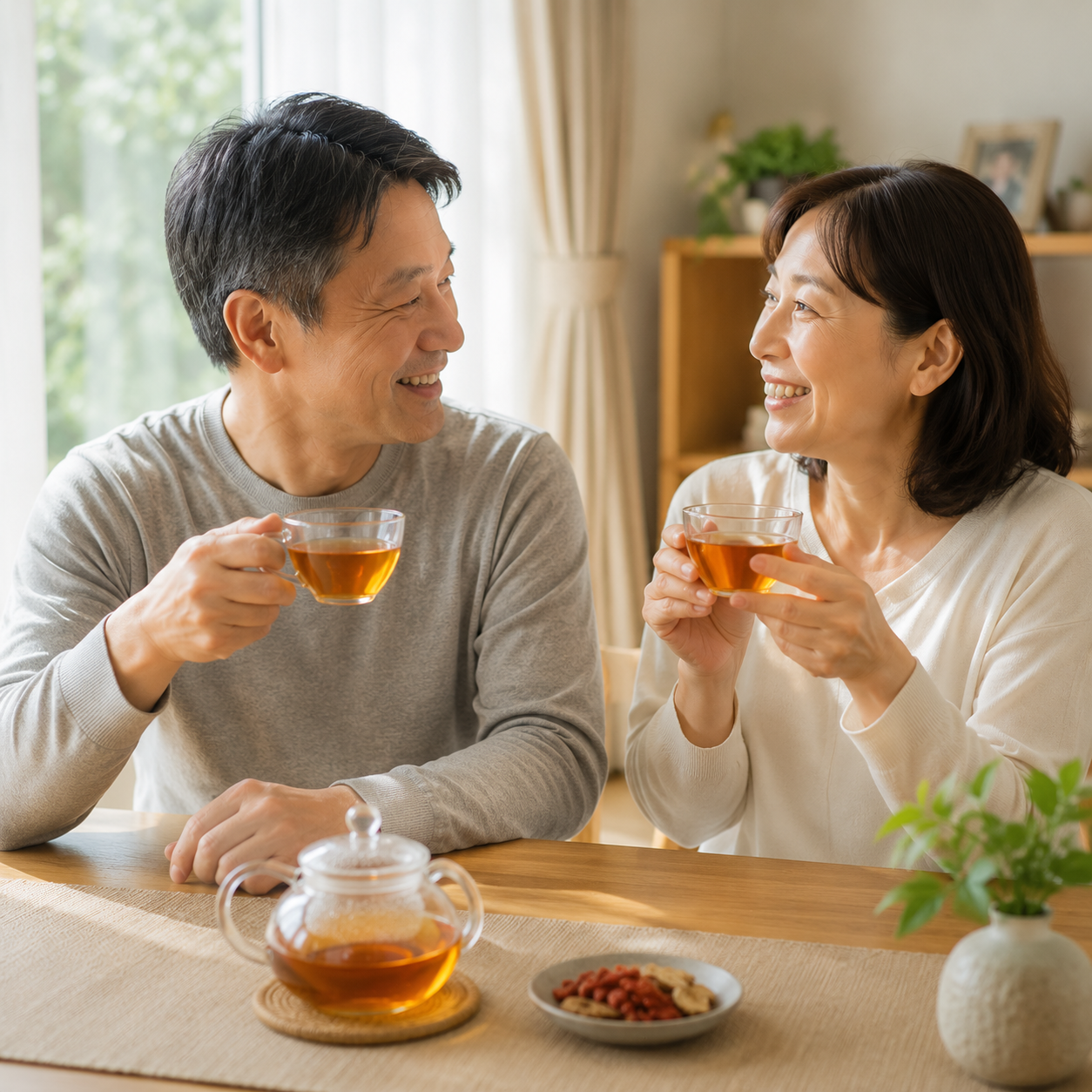 一緒にお茶を飲む夫婦